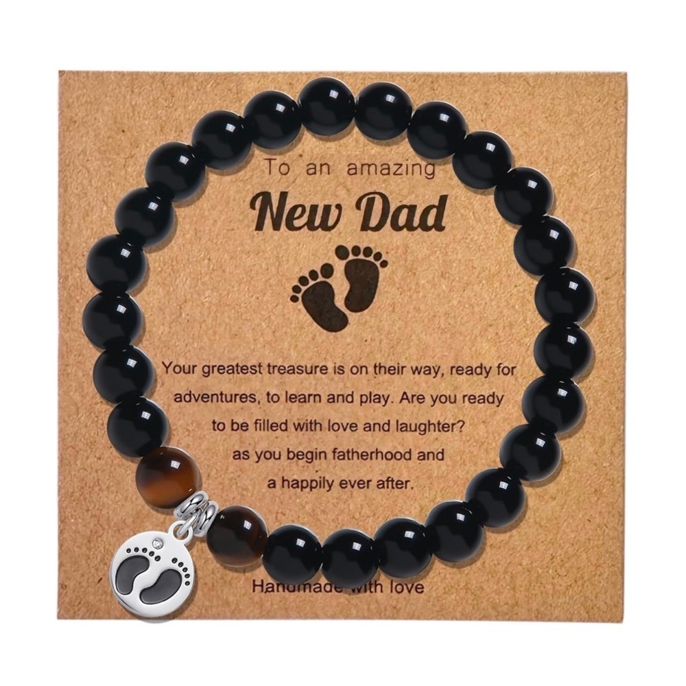 New Dad Gift Footprint Pendant Bead Bracelet Mens Black Obsidian Tigers Eye - Picture 2 of 7